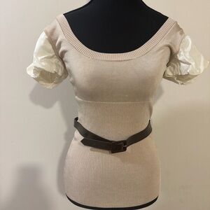 bebe Beige and White Puff Sleeve Sweatshirt